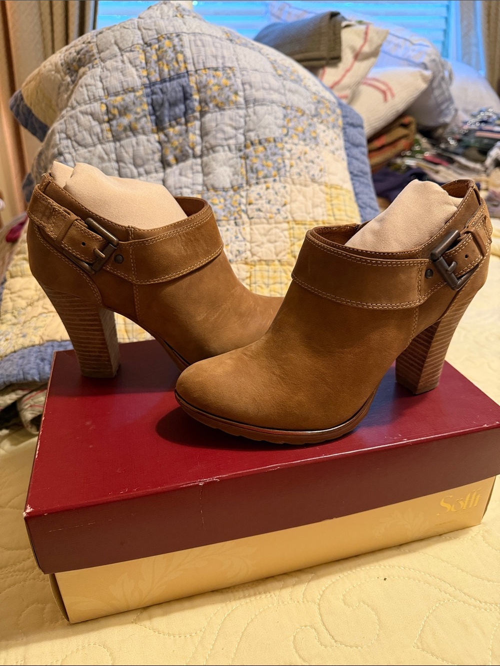Sofft Cognac Suede High Heel Ankle Booties with Buckle
